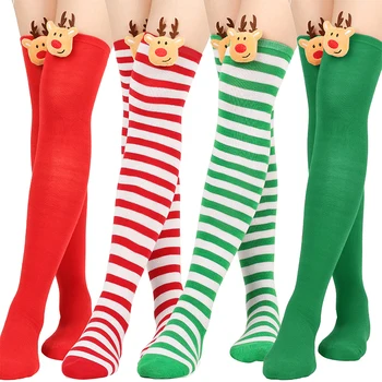 חג המולד פסים ארוכים גרביים מעל הברך ירך גבוהה גרביים עם אייל נשים חמות גבוהה גרבי חג המולד שנה החדשה המפלגה Cosplay