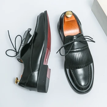 חדש הבלעדי אדום מוקסינים לגברים שחורים-חומים ציציות Slip-On עגול הבוהן עבודת יד אופנה חתונה גברים נעלי גודל 38-46 משלוח חינם