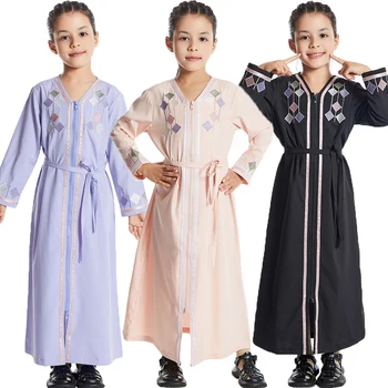 חדש המוסלמים ילדים בנות רוכסן קדמי פתוח Abaya מרוקו Kaftan האסלאמית ילד בגדי חג הרמדאן Jalabiya ערבית החלוק גלימה השמלה