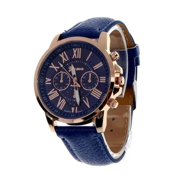 חדש חם מכירת אופנה רומיות השעון עבור הנשים עגולות חיוג רצועת עור כחול שעון נשים קוורץ האנלוגי Watch רלו Mujer