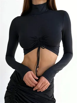 חדש לנשים סתיו מקסימום קוריאני אופנה סקסי אופנתי חולצת שרוול ארוך צוואר מזוייף שרוך יבול מקסימום נקבה חולצות אופנת רחוב
