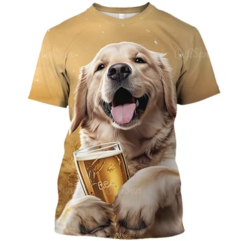 חולצה לגברים כלב חמוד בירה כוס להדפיס חולצה מזדמן חופשי מנופחים בגדי גברים אופנה רחוב יומי קצר שרוולים