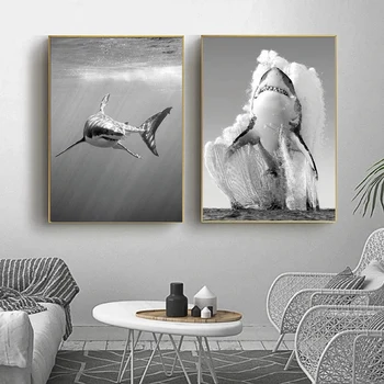 חיה בד ציור גדול כריש לבן שחור לבן אמנות קיר פוסטרים, הדפסים בצבע אחד הטבע מצייר תמונה עיצוב הבית