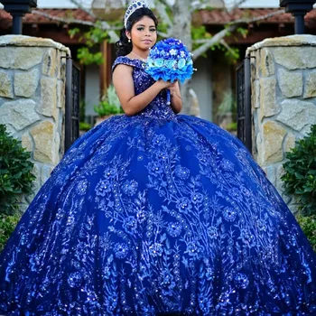 חיל הים כחול מבריק סקסית V-16 הטקס שמלות פאייטים תחרה אפליקציה שמלת נשף Vestido De 15 Anos שרוכים