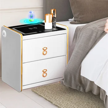 חכם המיטה ארון מלון טעינה אלחוטית עם LED מולטי פונקציונלי עץ השולחן USB לטעינה השינה ארון לאחסון