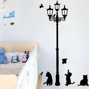 חתול חמוד משחק סביב פנס מדבקות קיר קישוטי בית Diy חיות חתלתול מדבקות לחדר ילדים ציור הקיר אמנות Pvc פוסטר