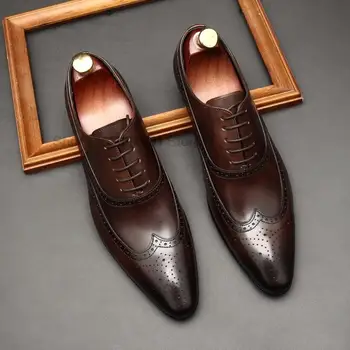 יוקרה גברים נעלי אוקספורד עור אמיתי שמלה קלאסית שחורה נעליים חומות קפה בולוק תחרה מחודד בוהן רשמי נעליים, גברים