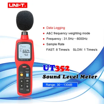 יחידת UT352 LCD נשמע מד רמת רעש בודק 30-130dB תדר 31.5-8000Hz A&C תדר שקלול מקס/דקות/רישום נתונים
