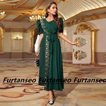 ירוק הצוות-צוואר שמלות ערב שרוול קצר אפליקציה קפלים גב רוכסן שיפון תה באורך דובאי נשים ערביות רשמית אירוע השמלה