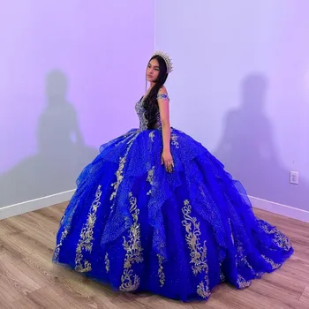 כחול מבריק שמלת נשף הטקס שמלות תחרה, אפליקציות ואגלי את הכתף Vestidos דה-15 שנים רכבת משפט תפוחה מתוקה 16