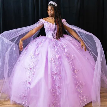 לבנדר מתוקה הטקס שמלות שמלת נשף מתוקה אפליקציה 3DFlower חרוזים עם הגלימה 16 השמלה התחרות vestido de 15 anos