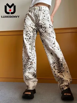 לוקס&מקנא ג ' ינס חדש עם הדפס מנומר עם קו מותן גבוה, רזה רפויים רחב רגל מזדמנים מכנסיים 2023 סתיו