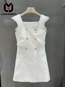 לוקס&מקנא קיץ חדש לבן אורגנזה כפול עם חזה ריינסטון עם שרוול גומי קו-שמלה