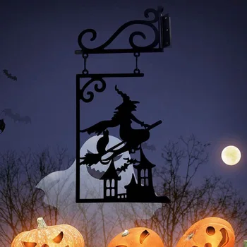 ליל כל הקדושים מתכת צללית קישוט יצירתי המכשפה תלויים קישוטים מטאטא המכשפה דלעת חתול הדלת אמנות קיר לעיצוב הבית