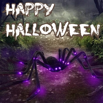 ליל כל הקדושים עכביש ענק שחור סימולציה סופר גדול זוהר עכביש LED סגול אור אביזרים מפחיד טרור בבית מסיבה תפאורה חיצונית