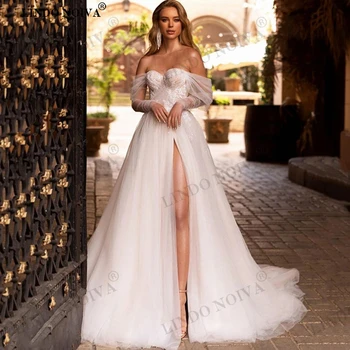 לינדו NOIVA vestido 2023 בוהו קו תחרה שמלות חתונה עם פיצול מתוקה שרוולים ארוכים סקסי ללא משענת טול שמלות כלה