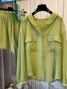 לנשימה ירוק שני חתיכת קבוצה של נשים V-צוואר חולצת שרוול ארוך+גבוהה המותניים קצרים נשי חליפה 2023 הקיץ מוצק פשוט ליידי מתאים