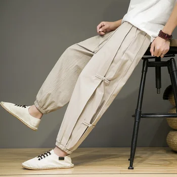 מ-5XL! 2023 קיץ חדש לגברים דיסק אבזם 3D בסגנון סיני מזדמנים מכנסיים כותנה, קנבוס לנשימה דק באיכות גבוהה הרלן המכנסיים