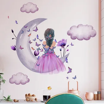 מדבקות קיר יפה סגול ילדה על הירח במשך השינה ניתן להסרה מדבקות PVC נשלף עיצוב עבור הבנות, חדר אמנות קיר קישוט