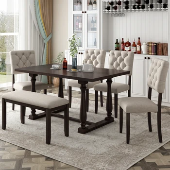 מודרני רטרו 6 חלקים שולחן אוכל, כיסא עם סט מיוחד בצורת רגלי קצף מכוסה גב המושב&כריות על חדר האוכל.