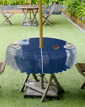 מופשט ציור שמן מרקם כחול אפור עגול מפת שולחן עמיד למים עם רוכסן מטריה חור כיסוי שולחן עבור המפלגה לברביקיו