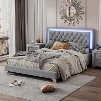 מיטת קווין סייז,מרופדים המלכה מסגרת מיטה עם נורות LED & קריסטל המיטה המצויץ,אלגנטי קטיפה מיטה,מיטה זוגית עבור חדר השינה