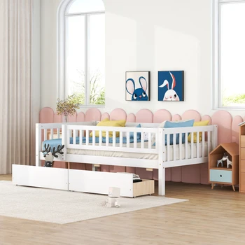 מינימליסטי זוגית גודל עץ הנפתחת למיטה עם שתי מגירות, מחסום הבטיחות, מתאים עבור חדרי שינה, חדרי ילדים לבנים.
