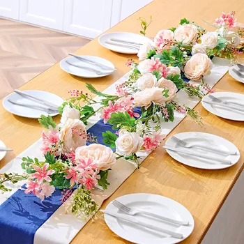 מלאכותי אדמונית רוז זר פרחים ורוד פרחוני גפנים חתונה מסיבה שולחן רץ קישוט הבית מנטל עיצוב