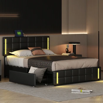 מלכה שחורה גודל מרופדים פלטפורמה מיטה עם נורות LED ו-USB טעינה, אחסון למיטה עם 4 מגירות, עבור ריהוט חדר שינה