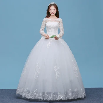 מתוק O-צוואר שמלת כלה עם שרוול ארוך אלגנטי באורך רצפת אפליקציות תחרה שמלות חתונה עבור הכלה החדשה טול החלוק דה Mariee