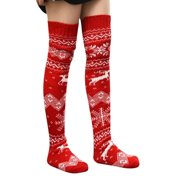 נקבה סרוגה, גרביים, חג מולד קריקטורה דפוסי גרב צינור ארוך גרביים סתיו חורף, אדום/חאקי/אפור/לבן