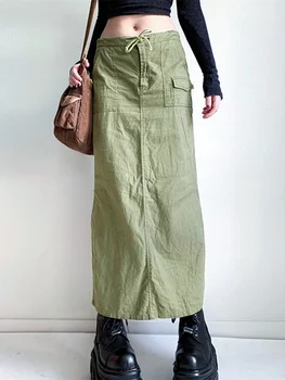 נשים מטען חצאיות ארוכות-90 גראנג ' פאנק הגותי Y2K חצאית גבוהה המותניים Bodycon ישר חצאיות נקבה אופנת רחוב
