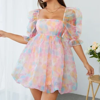 נשים סקסי מיני מודפס שמלת לקשור צבע בנות Hotsweet רוכסן שמלת צוואר מרובע שמלת הקיץ פאף שרוול רופף להתאים את שמלת כדור