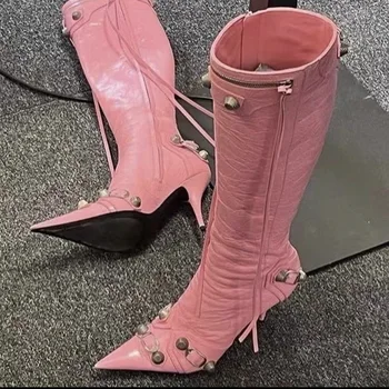 נשים סקסי עקבים גבוהים נעלי מגפי צ ' לסי 2023 החורף החדש מעצב נעלי עקב מחודד בוהן הברך מגפיים גבוהים משאבות אופנוע Botas