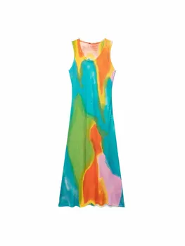 נשים קיץ אופנה חדשה מודפס תלוי סרוגים Midi שמלה וינטאג ' או ' צוואר שרוולים נקבה שמלות חלוק Mujer 9598/120