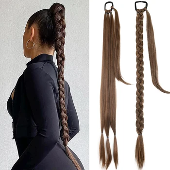 סינטטי 34inches ארוך קלוע צמה תוספות שיער לנשים, שחורים-חומים זנב פוני עם שיער החבל טמפרטורה גבוהה סיבים
