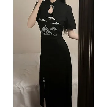 סינית מסורתית בגדים cheongsam צ ' י-פאו נשים הקיץ של רקמה החולצה העליון שני חתיכת קבוצה הפבורן שמלה שחורה סט