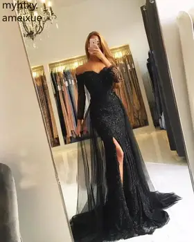 סקסי תחרה ארוך שחור כסף לבן שמלות ערב 2023 בת ים V-צוואר בתוספת גודל רשמית האסלאמית-ערבית אלגנטי האירוע השמלה