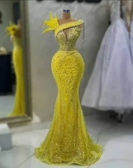 סקסית צהוב בת ים שמלה לנשף ערב צד שמלות