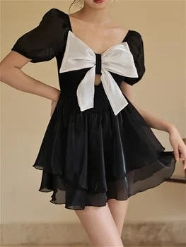 סקסית קדמי גדול הקשת חתיכה אחת של בגדי נשים קוריאה סגנון שחור שרוול קצר חצאית בגדי חוף בגד ים ביקיני חשופת גב.