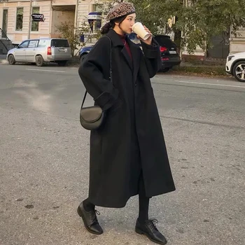 סתיו נשים אלגנטי צמר מעיל קוריאני אופנה שחור תואם ארוך מעיל נקבה לעבות חורף חם חופשי תערובות מעיל חדש