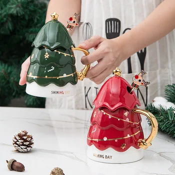 עץ חג המולד ספל יצירתי קרמיקה, כוס הקפה קיבולת גדולה תה חלב שותה את הכוס עם מכסה כף מתנת חג המולד Drinkware
