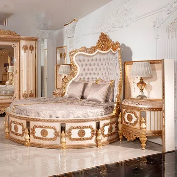 עץ מלא עגול מיטה צרפתית משפחה גדולה מגולף מיטת חדר השינה הנסיכה חתונה כפולה למיטה רהיטים customiz