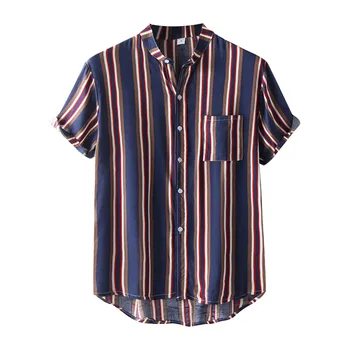 פס מודפס חולצת טי לגברים קיץ בעמידה צווארון עם שרוולים קצרים של גברים חולצות כיס הכפתור למטה זכר חולצות לכל היותר Рубашки