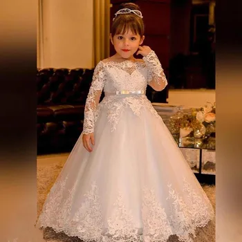 פרח ילדה שמלות אלגנטיות שמפניה אפליקציות תחרה ללא שרוולים מדורגים ילדים תחרות כדור שמלות לחתונות הטקס הראשון