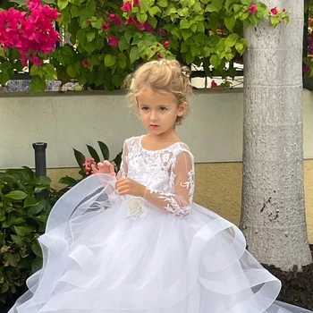 פרח ילדה שמלות לבן טול נפוחה בשכבות אפליקציות נצנצים שרוול ארוך חתונה יום הולדת שמלות אכילת לחם הקודש
