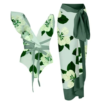 פרח ירוק הדפס תחרה-up עיצוב סימטרי עיצוב Peplum כתף אחת חלקים קשת אופנה של בגדי ים ו טיוח 2023 נשים