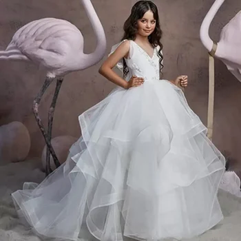 פרח לבן בנות שמלות חתונה 2022 שמלת נשף רכבת לטאטא פרע טול את החדה הראשונה שמלות ילדה קטנה נסיכה