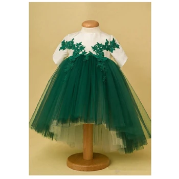 פרח שמלת ילדה ירוק אפליקציה O-צוואר חצי שרוול א-סימטרי באורך הנסיכה בטקס אכילת לחם הקודש, מסיבת יום הולדת השמלה