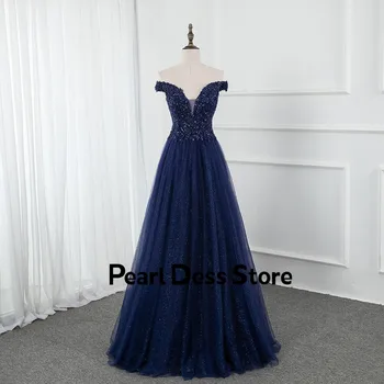פרל שמלה בצבע כחול כהה ארוך נשף השמלה כתף מדבקה חרוזים סקסי שמלת מסיבת נוצץ טול תחרה עד בחזרה שמלת ערב 2023